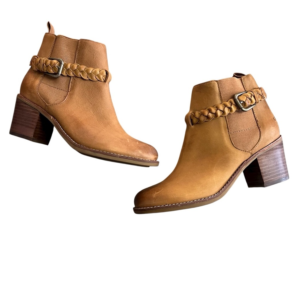 Sperry Liberty Brown Womens Size 7 Leather Boots with Braided Detail Block Heel